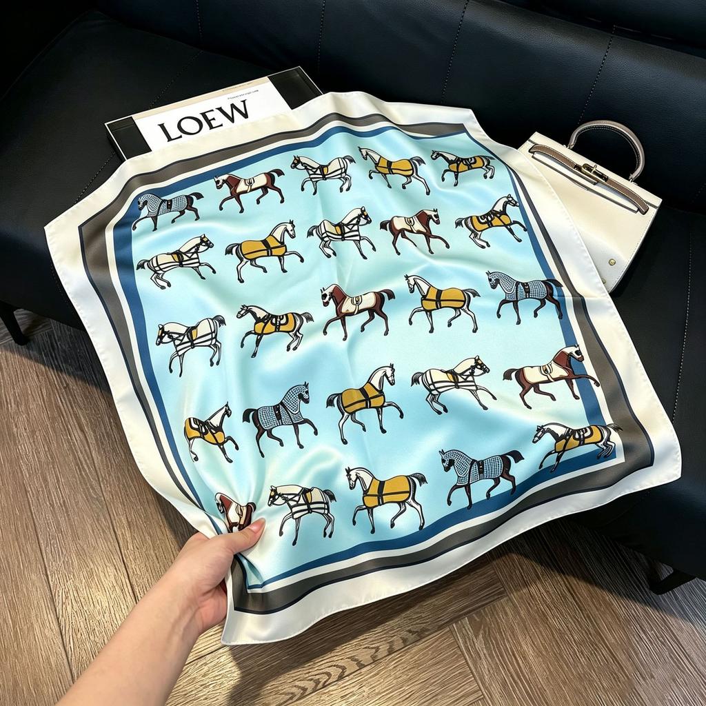 71Cm New Chinese Simulation Silk Square Scarf Soft and Skin-friendly Ink Flower Rhyme Printing Silk Scarf Neck Sunscreen Small Scarf