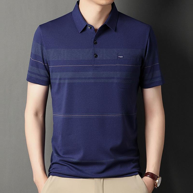 Sommer Herren Revers Kurzarm T-Shirt für junge und mittlere Männer Gestreifte Oberteile Taschenversion Dünne Halbarm Casual Herren Kurzarm