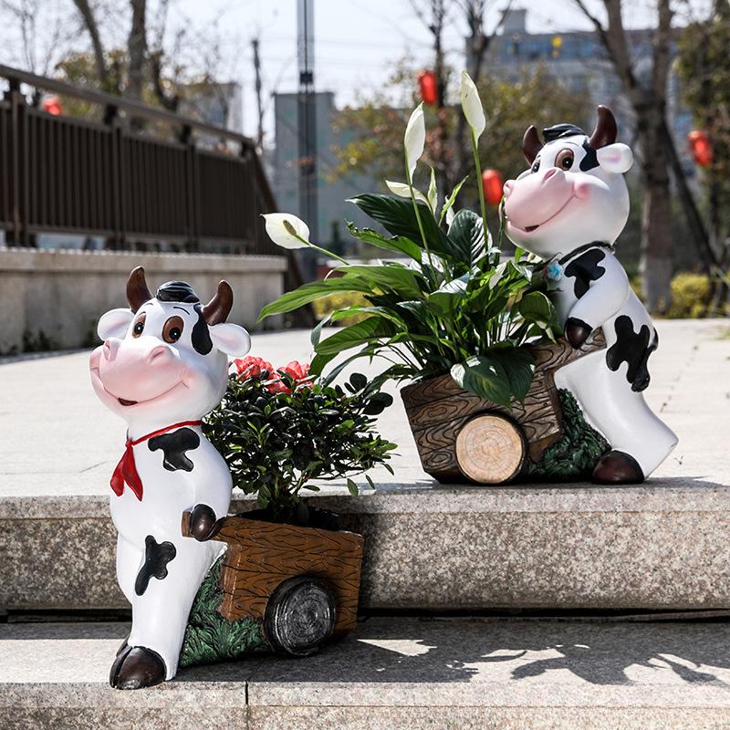 American Creative Cow Cart Floor-standing Flower Pot Ornaments Villa Homestay Garden Courtyard Outdoor Landscape High-end Decoration