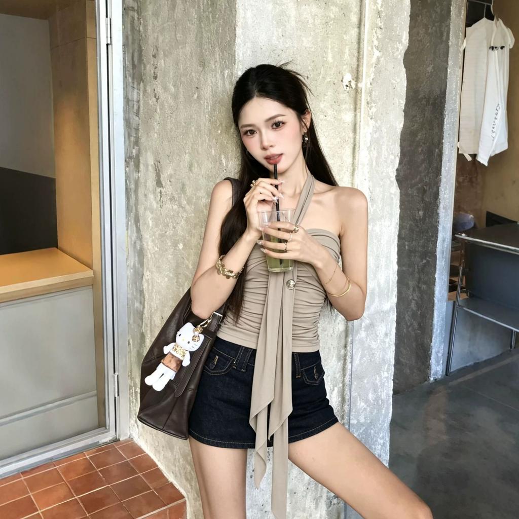 Spice Girl Design Sense Neck Ribbon Tube Top Women's Summer Wood Ring Accessories Pleated Waist Skinny Fashion Temperament Vest