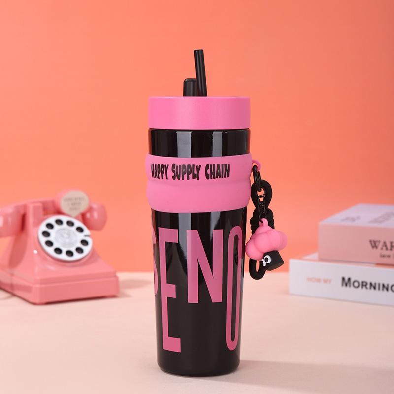 

900ML Large Capacity Plastic Water Bottle For Girls Cute Pink Water Cups With Lid Straw Portable Car Sports Drinking Water Cup 900ml рожевий