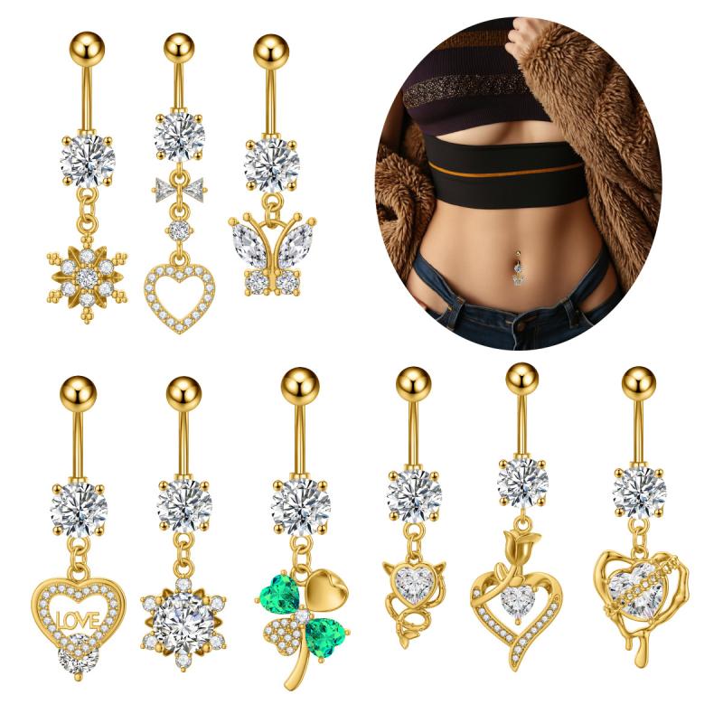 Butterfly Zircon Belly Button Rings Stainless Steel Heart Pendant Navel Piercing Barbell For Women Belly Ring Beach Jewelry