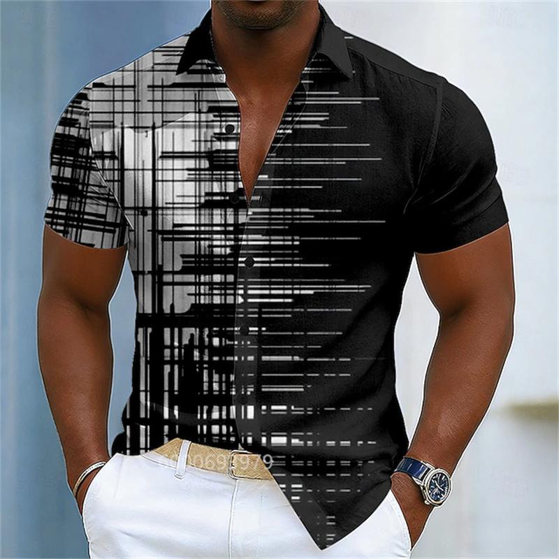 Men's Gradient Line Lapel Shirt, Summer Casual Vacation Outdoor Top