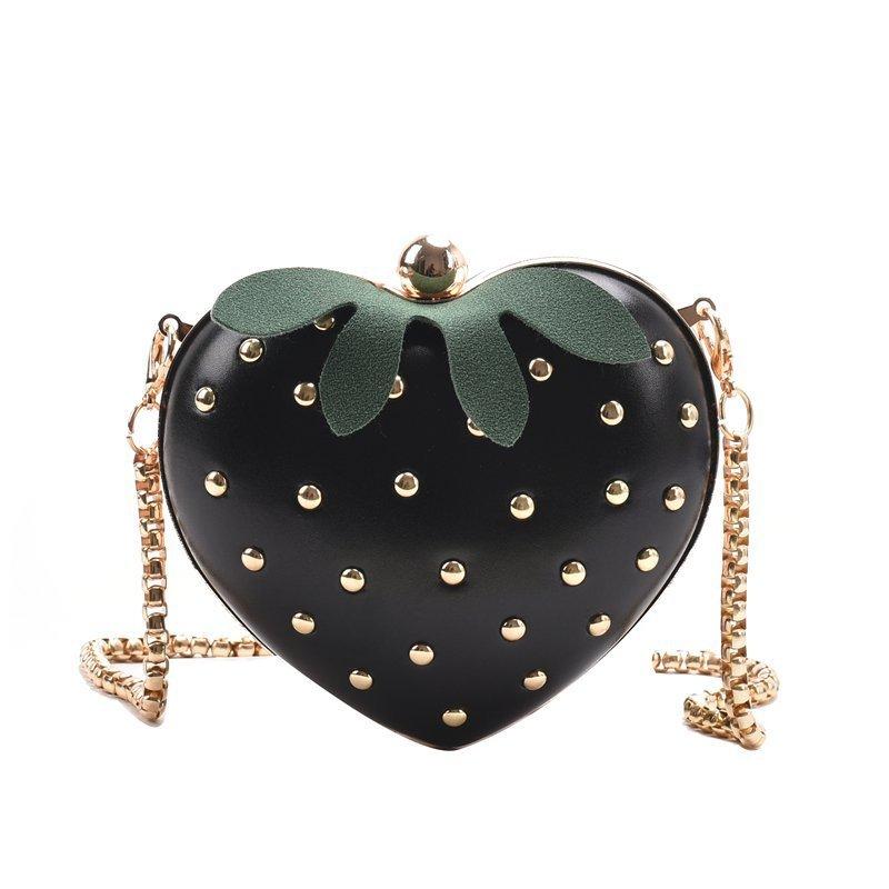 Strawberry Print Red Leather Crossbody Bag Gold Studs Chain Strap Lovely Mini Shoulder Purse for Girls Party Gift