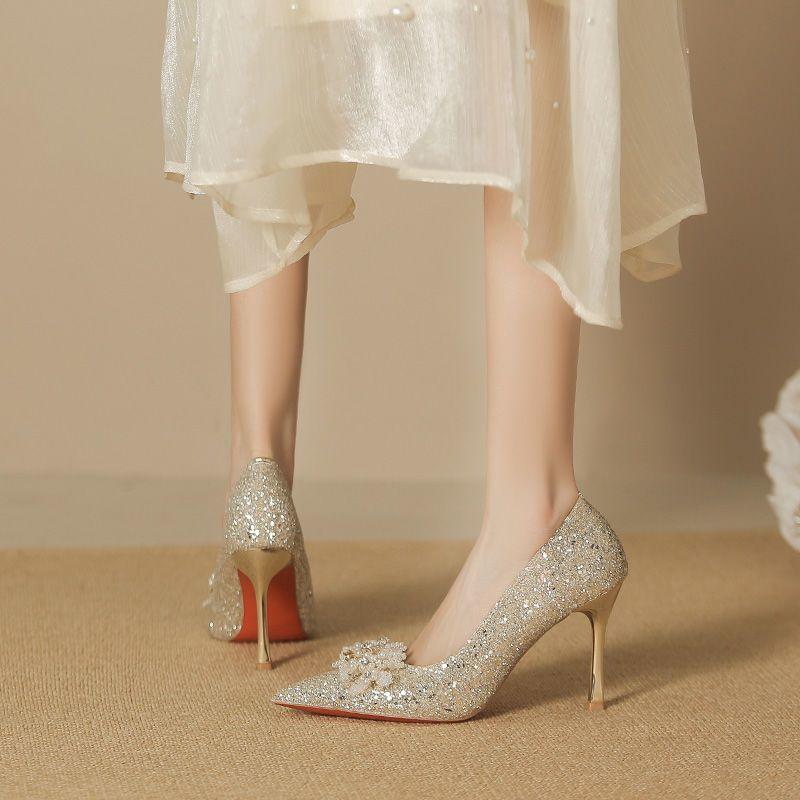 Kristallbesetzte Paillettenblume Hochzeitsschuhe 2025 High Heel spitz Braut Haupt-Hochzeitsschuhe Flash Champagner Verlobung Hochzeitsschuhe