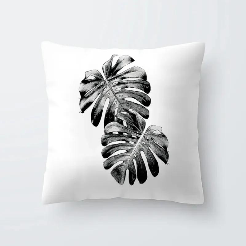 

Nordic Decoration Home Tropical Decoration Cushion Cover Black White Plant Leaves Decor for Home 16x16Inch