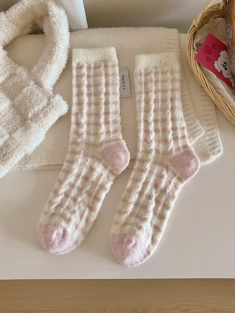Socks Women's Winter Maillard Color Warm Plush Thickened Plush Striped Medium Tube Socks Home Sleeping Socks