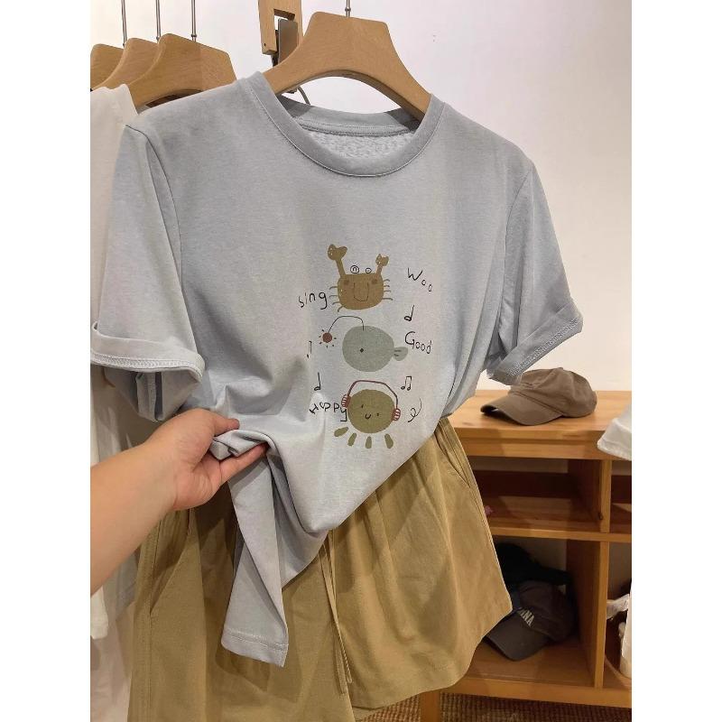 

Women s Casual Crew Neck T-shirt Cute Sea Creature Print Short Sleeve Loose Fit Summer Top L синій