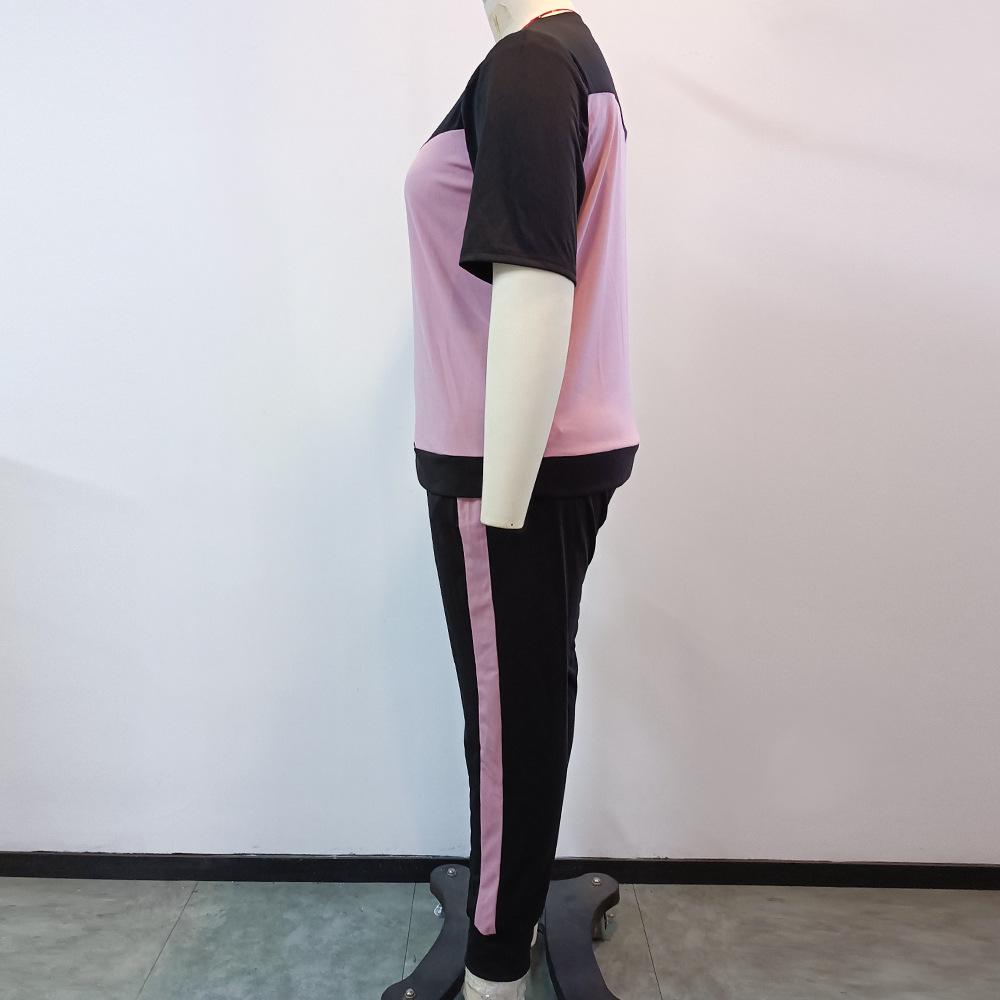 Large Size Women's T-shirt Pants Suit Summer Color Contrast Round Neck Shirt Elastic Waist Pants Loose Casual Sports Suit