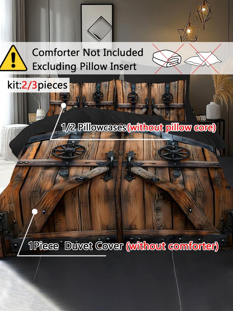 Digital Printed Duvet Cover Set Featuring a Design Theme Pattern of Ancient Wooden Doors 100% Polyester Brushed Soft Comfortable