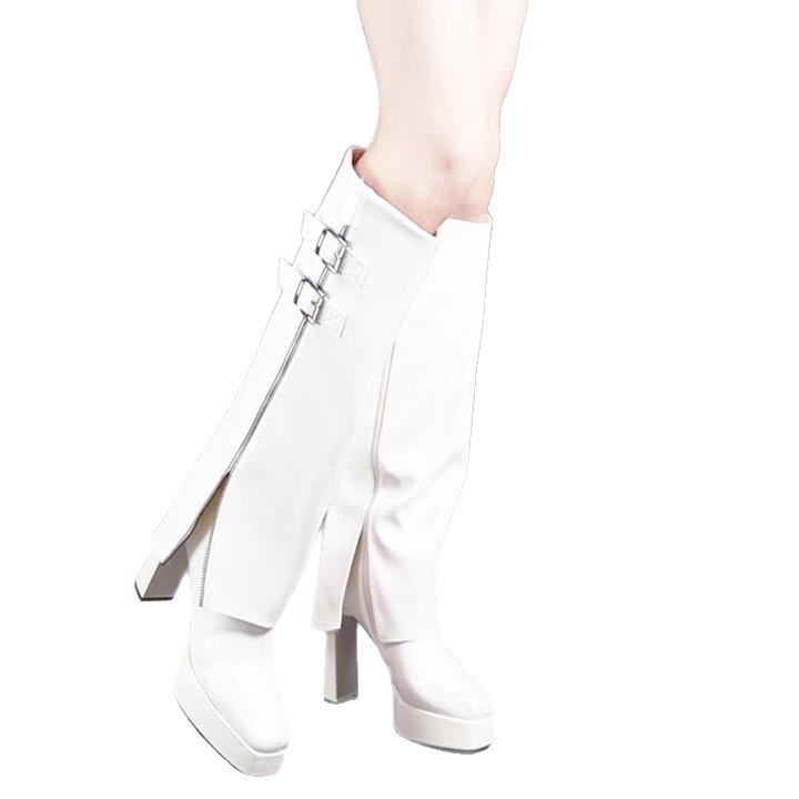 Autumn and Winter Versatile Waterproof Platform High Heel But Knee Pants Boots 2025 Belt Buckle Thick Heel High Tube Brown Knight Boots