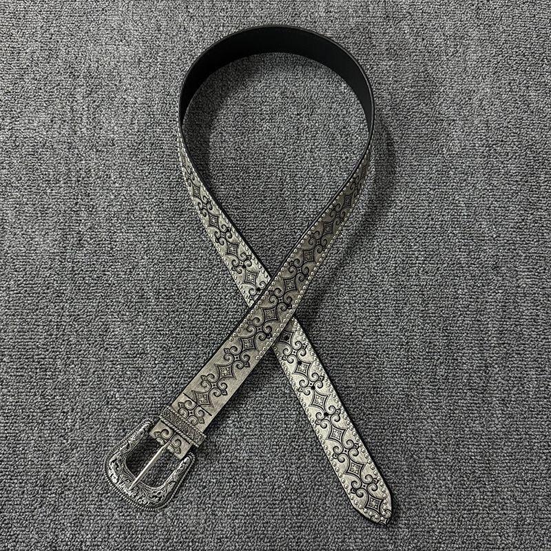 Vintage Western Rivet Belt Silver Carved Metal Buckle Unique Design Simple Belt for Women