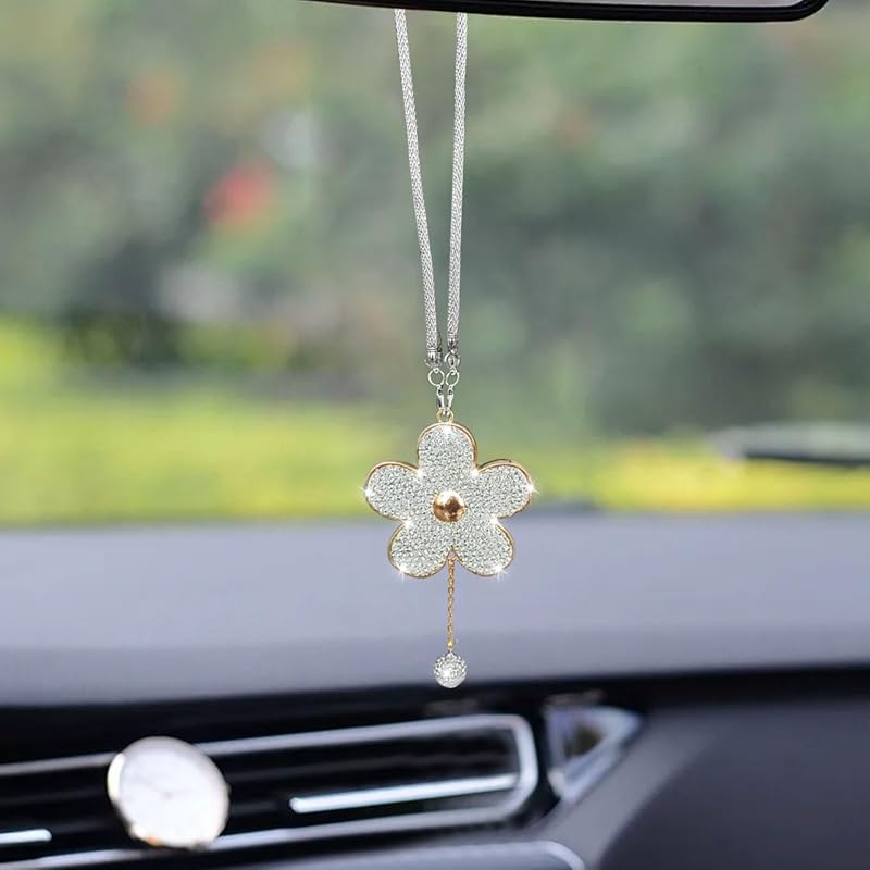Bling Car Hanging Charm Accessories, Crystal Flower Car Rear View Mirror Pendant Decoration, Car Interior Ornament Accessories for Women Girls