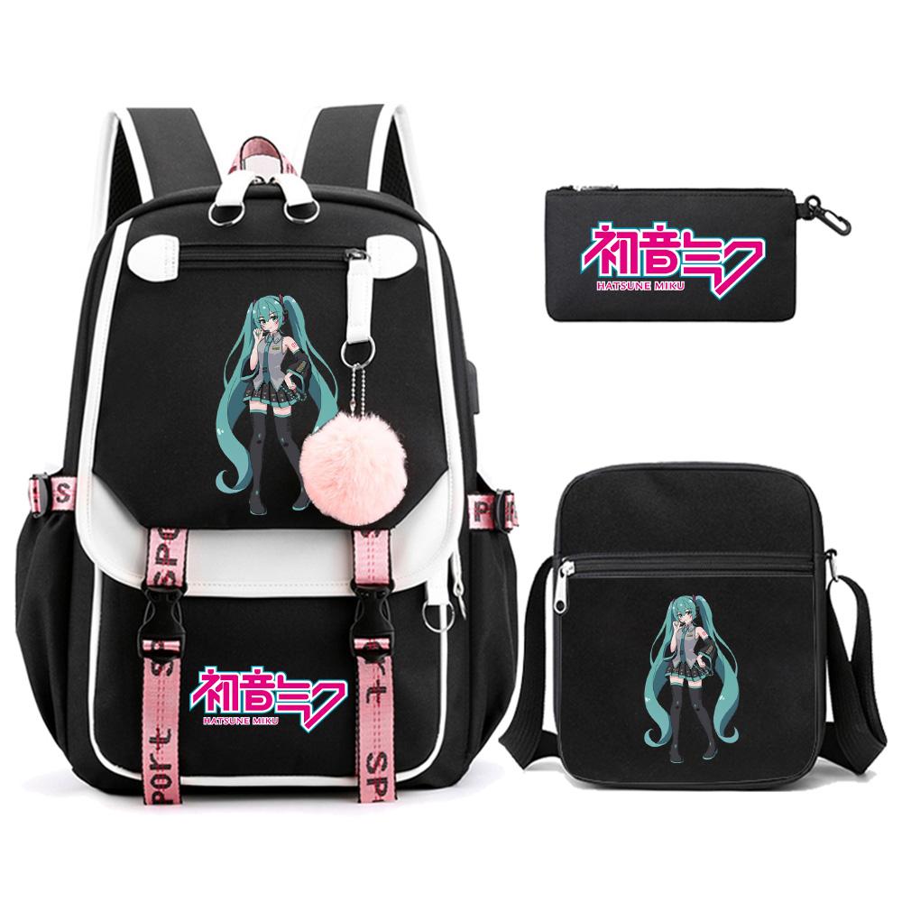 3ks/sada Anime Kreslený Batoh s Potiskem Hatsune Miku s Taškou přes Rameno pro Teenagera Studenta Dívku Chlapce Velkokapacitní Voděodolný Školní Batoh Mochila