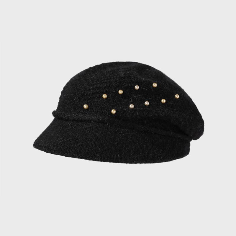 

Шапка из кроличьего меха для мамы Осень Зима Жемчужный вельвет Вязаная шляпа-ведро Среднего и пожилого возраста Защита ушей Теплая шапка чёрный