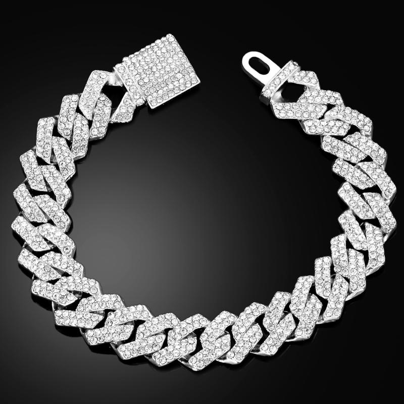 Mens Cuban Bracelet Necklace Full Diamond-Rhombus Design -Golden and silver colors Luxurious Sparkling Jewelry for Him