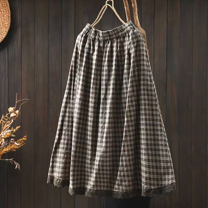 

Johnature Women Plaid Skirts Elastic Waist Patchwork Lace Summer Female Casual Soft Skirts M серый