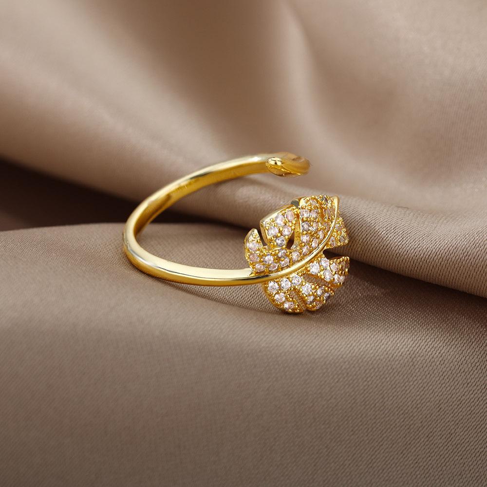 Palm Leaf Shape Open Rings For Women Gold Color Zircon Adjustable Finger Ring Girls Korean Party Jewelry Gift