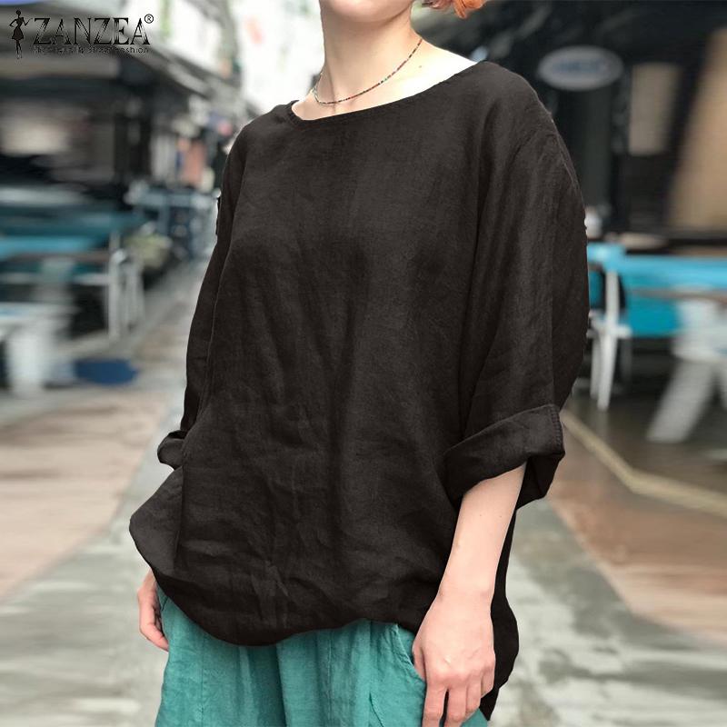 

ZANZEA Женская свободная однотонная блузка с длинным рукавом и U-образным вырезом