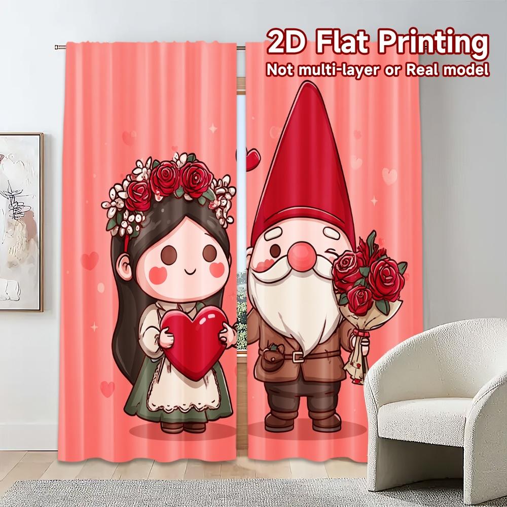 Set Of 2 Flat Printing Jit Curtains Without Rod Gnome Love Fashionable Popular Versatile Durable Polyester Curtain