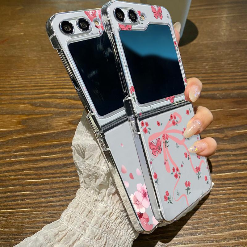 Pink Bowknot Pattern Clear Case For Samsung Galaxy Z Flip7 Flip6 Flip5 Hard Folding Phone Cover For Samsung Z Flip 7 6 5 4 3 5G