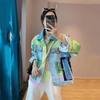 Autumn Woman Chic Denim Jacket Hit Color Print Patchwork Designer Jean Outerwear Lapel Collar Long Sleeve Loose Streetwear Style Cowboy Coat