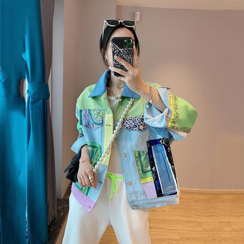 Autumn Woman Chic Denim Jacket Hit Color Print Patchwork Designer Jean Outerwear Lapel Collar Long Sleeve Loose Streetwear Style Cowboy Coat