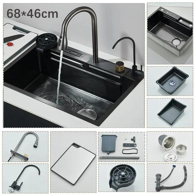304 Stainless Steel Brushed Waterfall Kitchen Sink 4-Hole Large Single Slot Integrated Faucet Set Soap Dispenser/Pure Water/Cup
