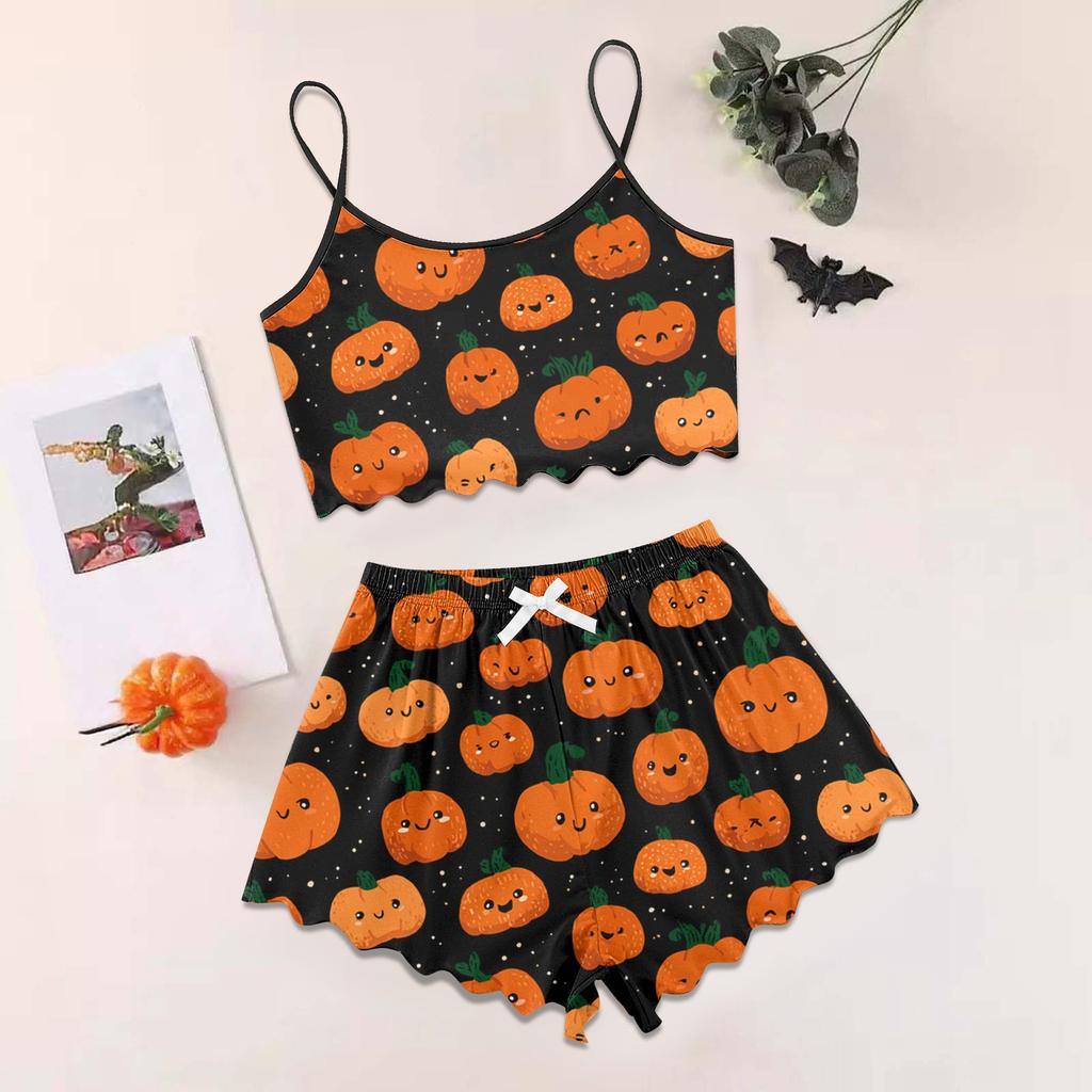 Women's Halloween Set With Retro Floral Print Suspender Sleeveless Vest Shorts Pajama Set