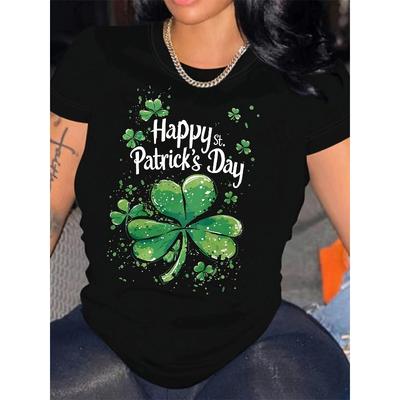 Europäische Größe YS021619 St. St. Patrick's Day Thema Aufdruck Enganliegend Rundhals Mode Damen Kurzarm