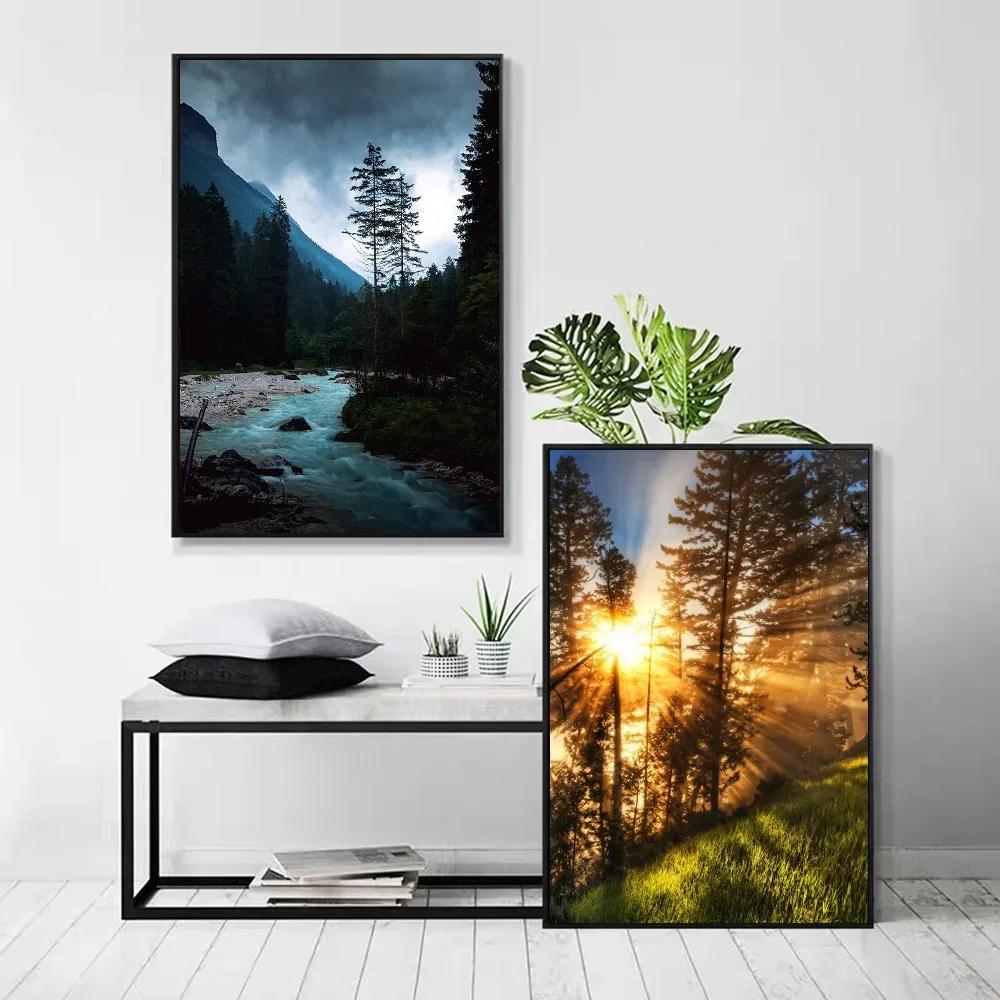 1 Stück Dunkelgrüne Wald Neblige Berglandschaft Natur Szenerie Poster Selbstklebend Kunst Wasserdichtes Papier Aufkleber Wanddekor