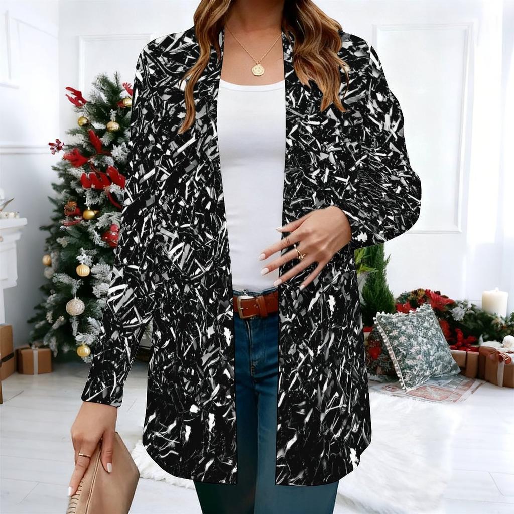 Women's Black White Speckled Texture 3D Print Long Sleeve Open Front Cardigan, Casual Loose Fit Lightweight Street Style Outerwear