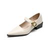Sheepskin version~ retro metal one-word buckle thick heel small single shoes women's shallow mouth pointed temperament versatile Mary Jane shoes