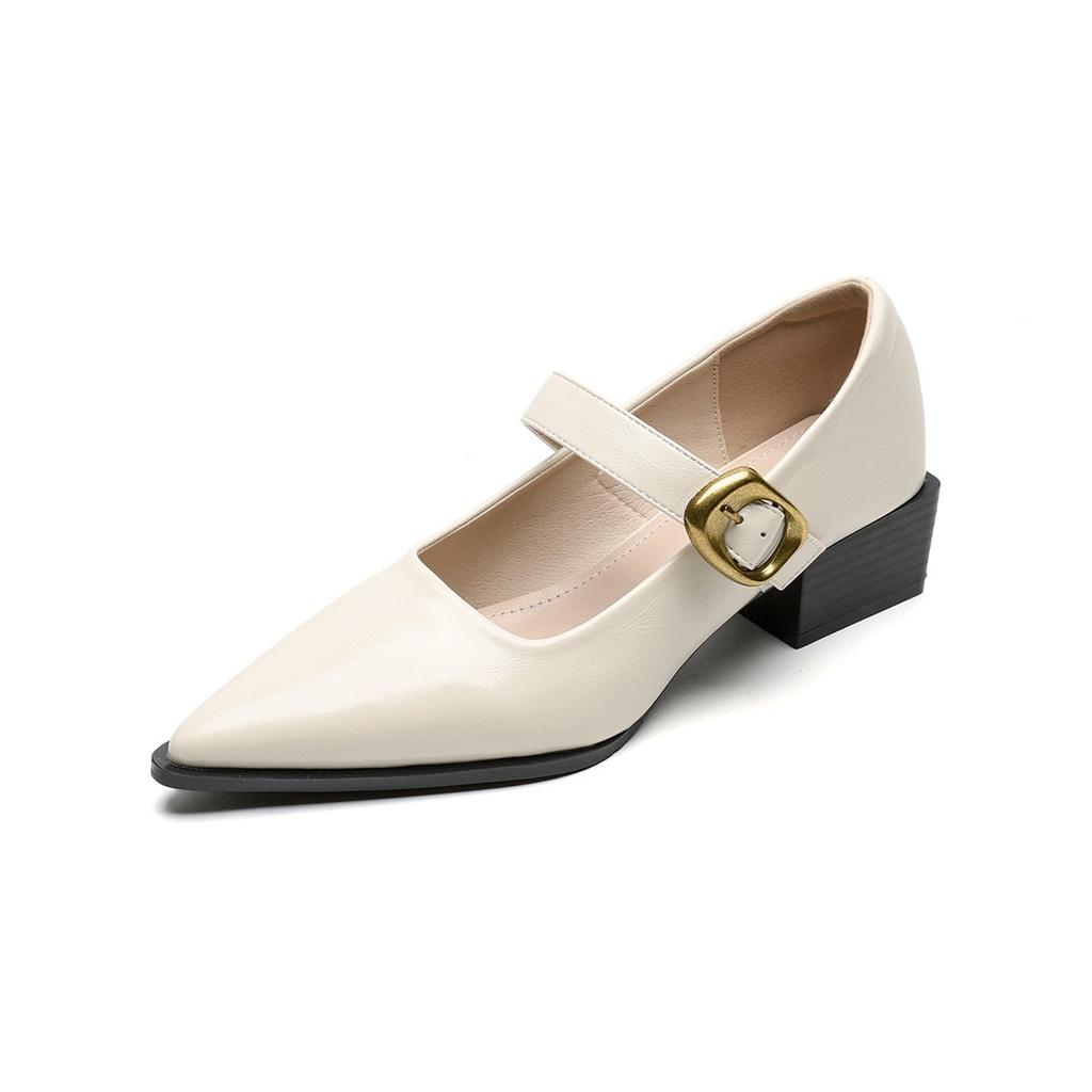 Sheepskin version~ retro metal one-word buckle thick heel small single shoes women's shallow mouth pointed temperament versatile Mary Jane shoes