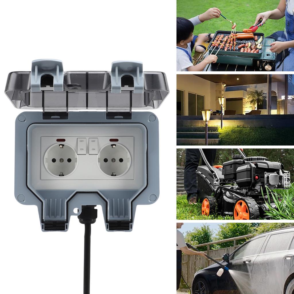 2 Gang Outdoor Electrical Outlet IP66 Water Proof Wall Mounted Power Outlet with Indicator Light