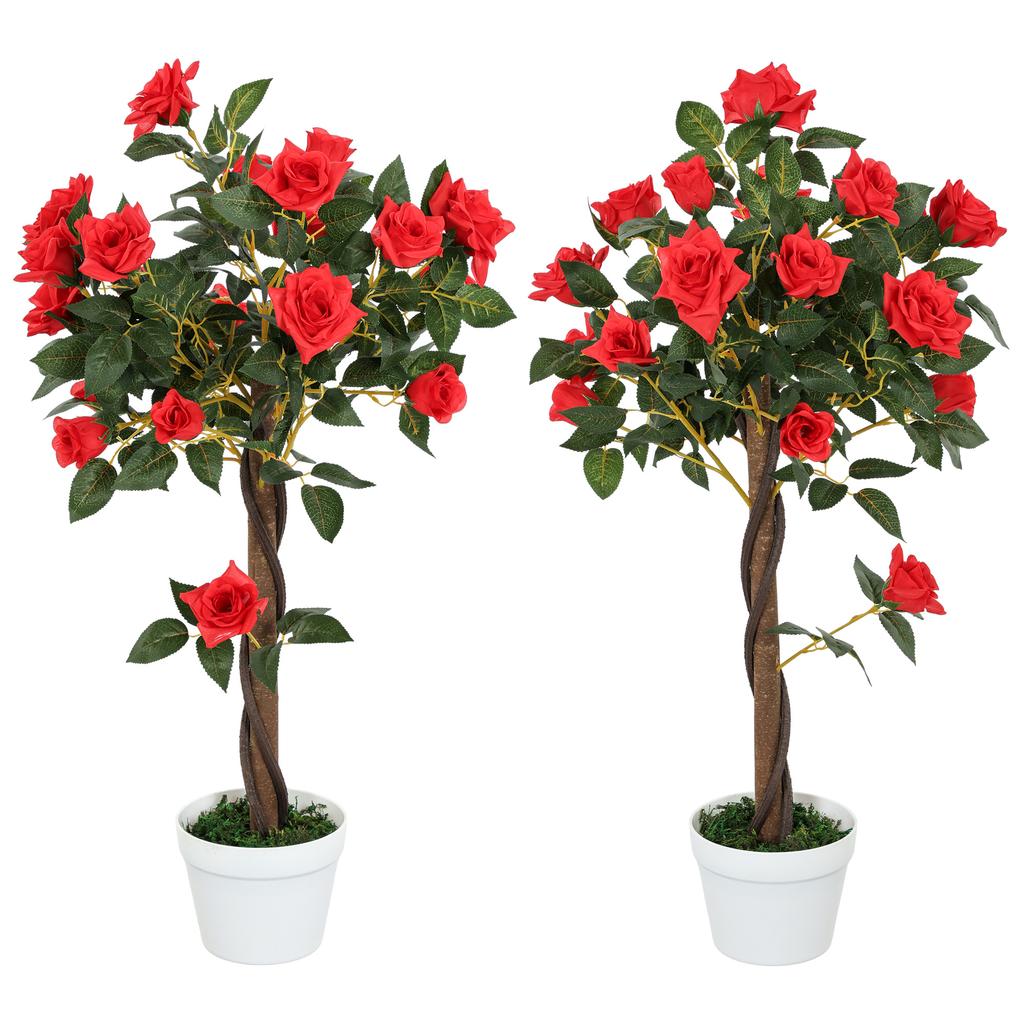 Set of 2 Artificial Plants White Rose Floral In Pot, Fake Plants for Home Indoor Decor, 90cm, Red