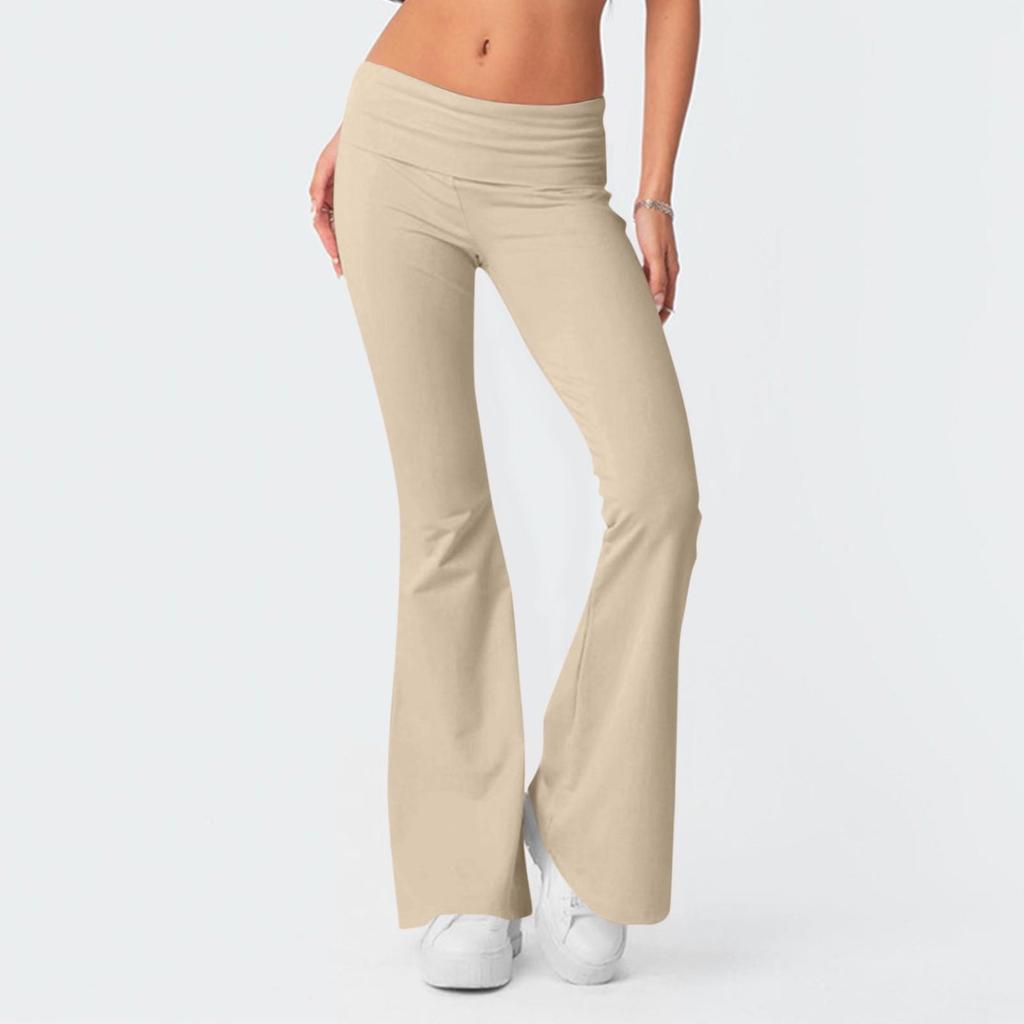 Damenmode, einfarbig, schmale Passform, schmale umgekehrte Taille, niedrige Taille, elastische Taille, Schlaghose