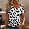 Women Leopard Print Cold Shoulder Short Sleeve T Shirt Irregular Cutout Neck Casual Summer Blouse Top