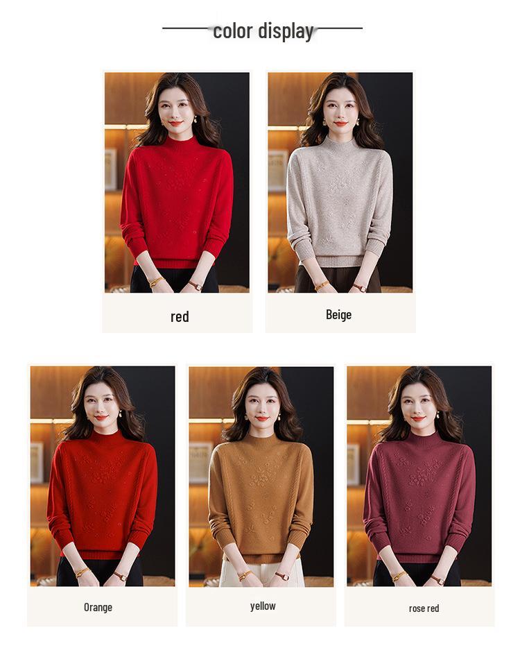 Red Embroidered Lambswool Sweater for Middle-Aged & Elderly Women: Half-High Collar, Thick Knit