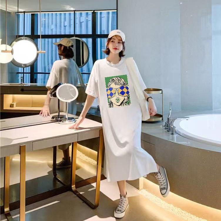 Korean Large-size Women's Clothing Is Thin and Versatile, Loose Straight T-shirt Dress, Women's Tide Summer Lazy Style Long T-shirt Skirt