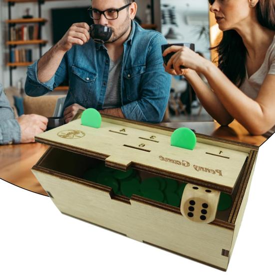 Penny Game with Pine Wood Box Terning Grønn Mynt 2-6 Spillere Konkurrerende Barn Voksne Familie Strategi Kast Brettspill Bursdag Julegave