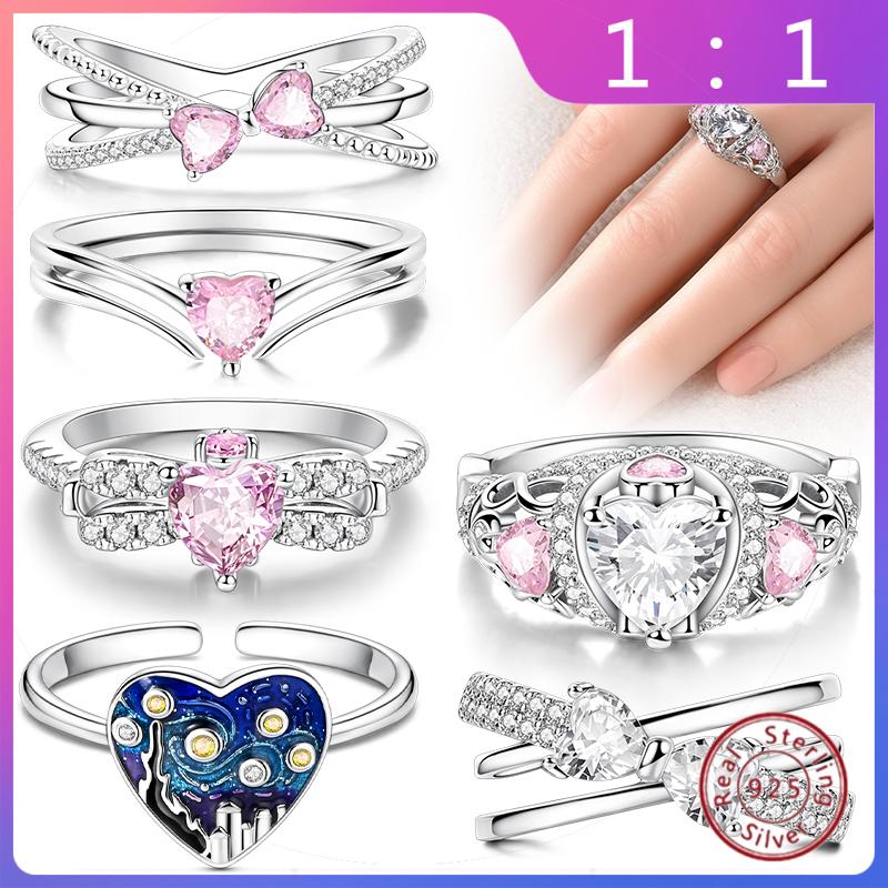 Anillos Apilables de Plata Esterlina 925 (Nuevos) – Lazo Rosa + Corazón (Tema Amor), Adecuados para Mujer y Chica