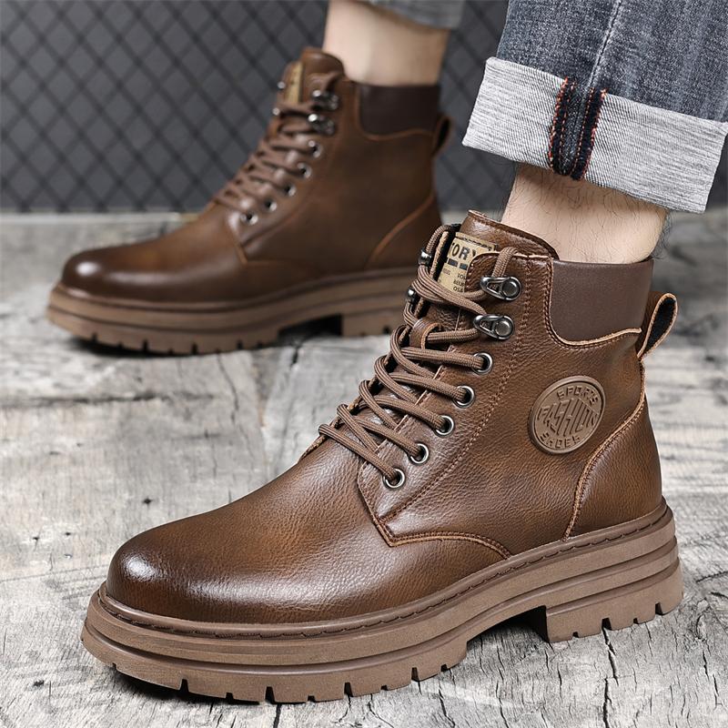 Outdoor Leather Ankle Boots New Men High Top Sneakers Fashion Lace Up Motorcycle Boots Non-Slip Man Winter Plush Snow Botas