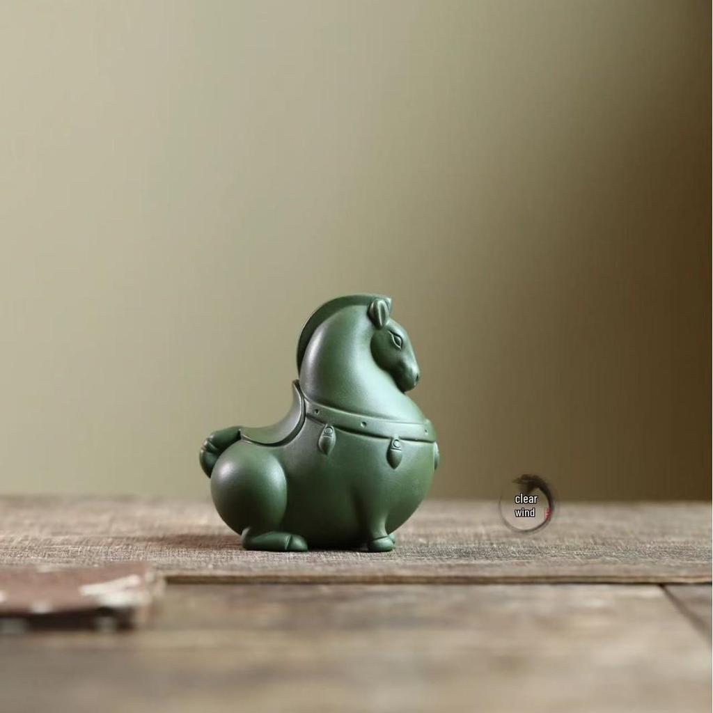 Yixing Zisha Green Horse Tea Pet Ornament for Wealth and Success