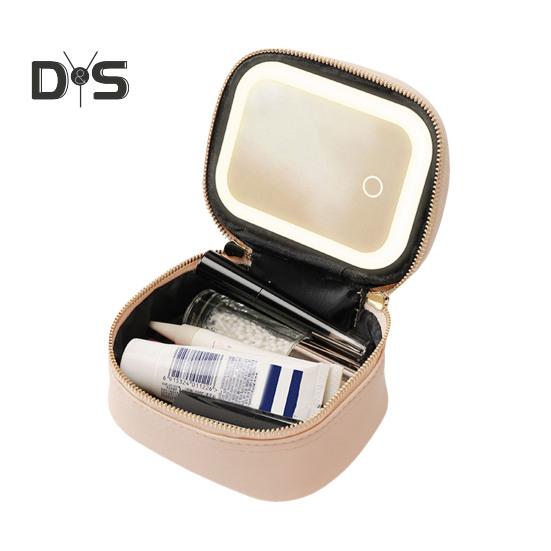 

Дорожная косметичка с зеркалом со светодиодной подсветкой, большой вместимости, застежка-молния, портативный размер, косметичка, органайзер для косметических кистей бежевый