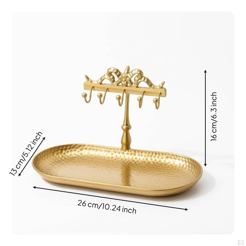 Jewelry Stand with Tray BrassTone Tabletop Holder Vintage Organizer for Women, Dresser,