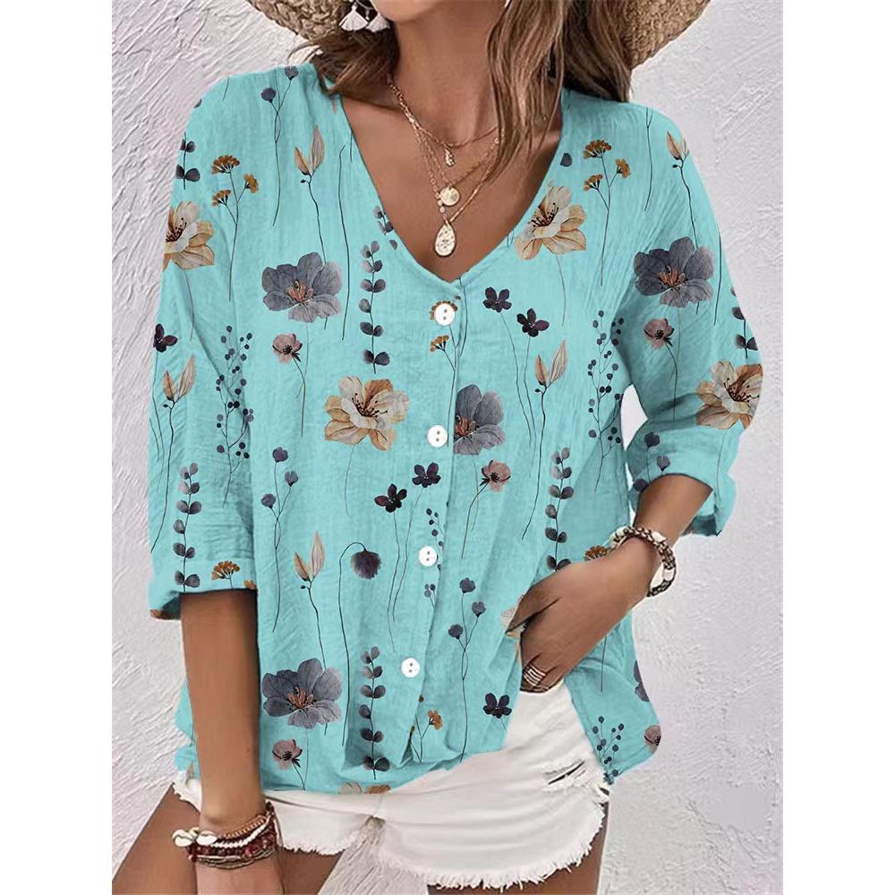 

Autumn and Winter V-neck Button Chiffon Printed Cardigan Women s Pullovers & Long Sleeves 3XL