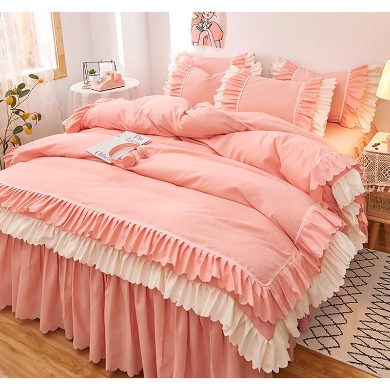 WOSTAR Pink princess style duvet cover bed sheet pillowcase 2 people luxury double bed bedding four-piece set /queen/king size