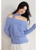 Women's Blue Stripe Off-the-Shoulder Long Sleeve T-Shirt