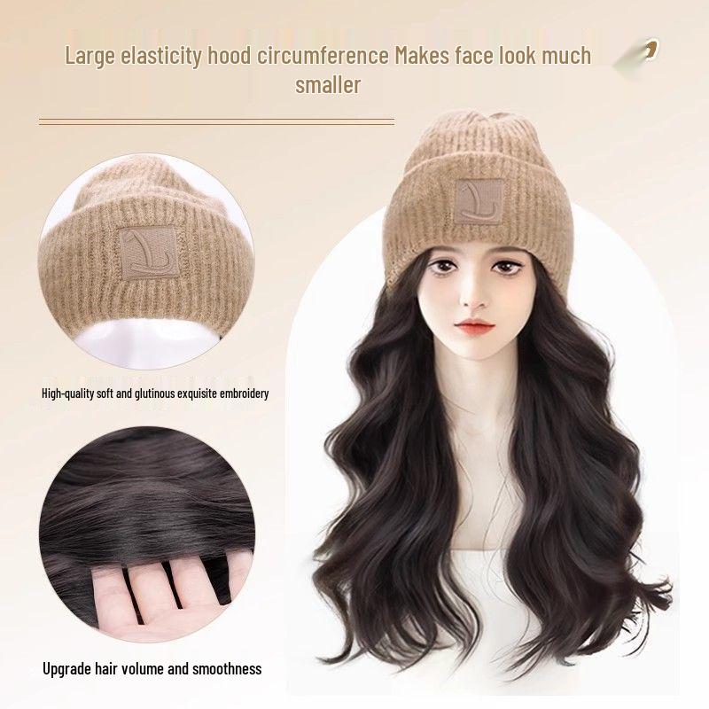Women's Fashionable Knitted Wool Hat with Realistic Non-Detachable Wig for Autumn/Winter 2025